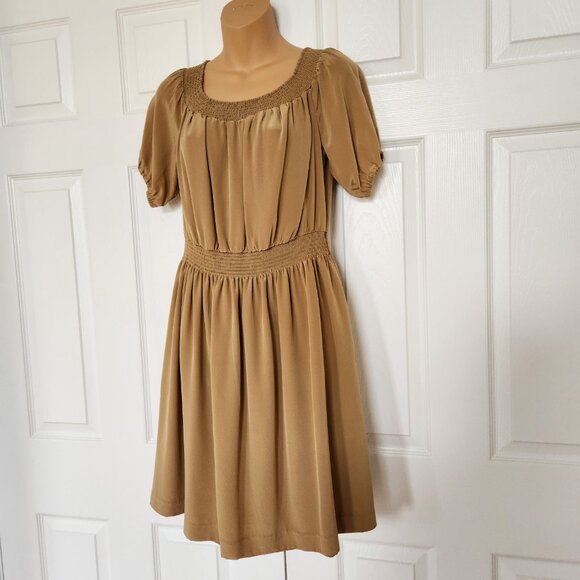 CLUB MONACO SILK PUFF SLEEVES CAMEL GOLD COLOR SUMMER DRESS SIZE 4 - Picture 3 of 7